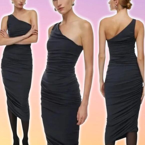 TEN BABATON Aritzia Veritgo Midi Body Hugging One Shoulder Dress Sz 2XS Black - Picture 1 of 9